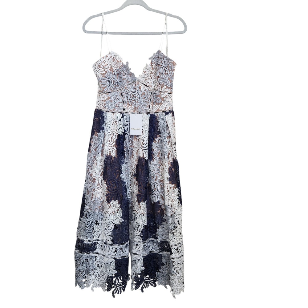 Self Portrait Dress Camellias Patchwork-lace Midi Sweetheart Size US 10 NWT Blue